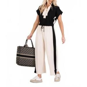 $168 NWT EMILY MCCARTHY Teddy Crop Pant in Black & Sand Wide Leg Size Large